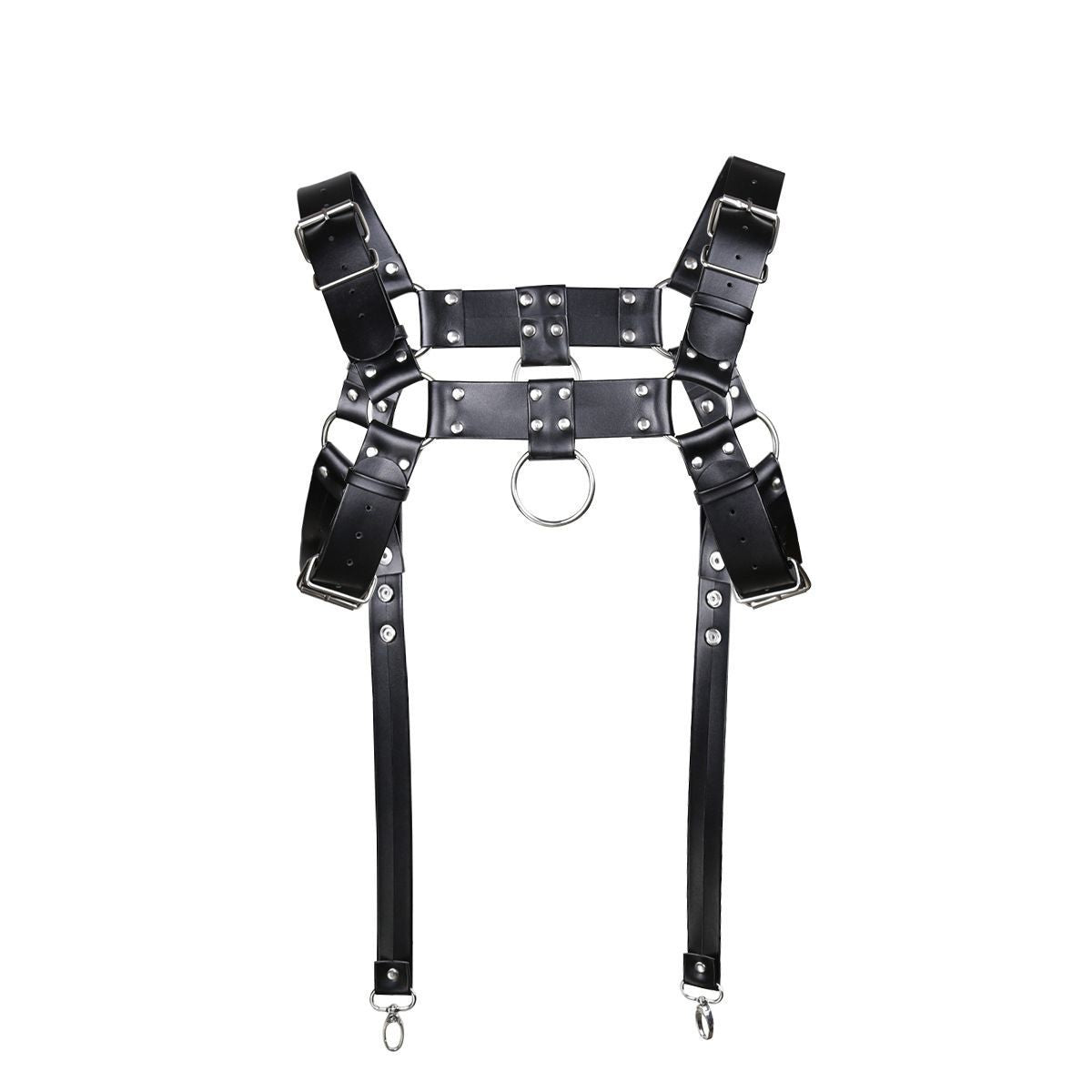 Image of Sex toy leather bondage belt sm prop gay man with a bondage corset tight leather jacket GAY leather pants suspender